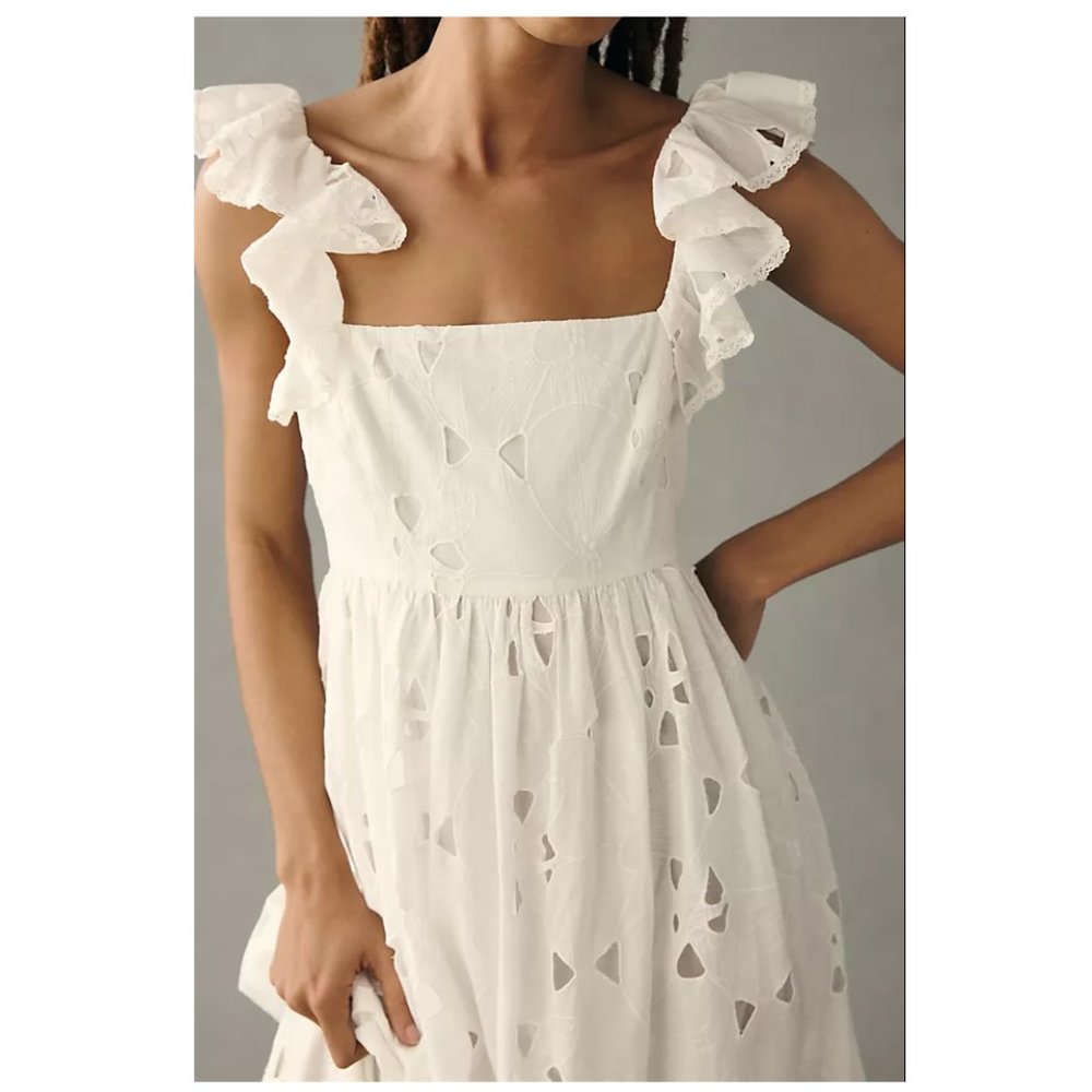 Anthropologie Forever That Girl Tie-Back Ruffled Eyelet Dress White - Medium - Picture 3 of 13